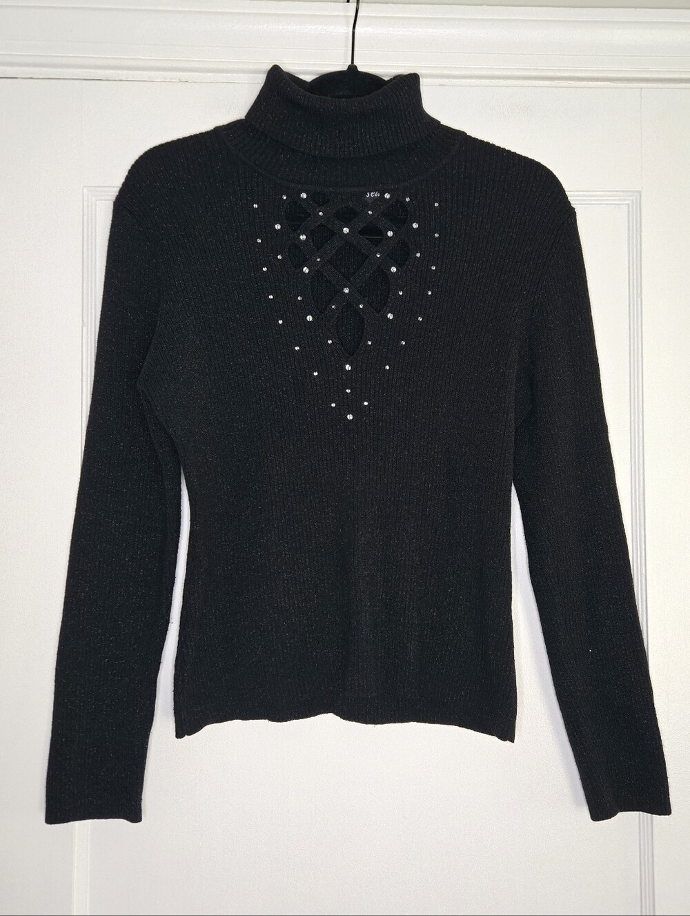 Wet Seal Black Turtleneck Sweater Rhinestone Detail Y2K Long Sleeve Top